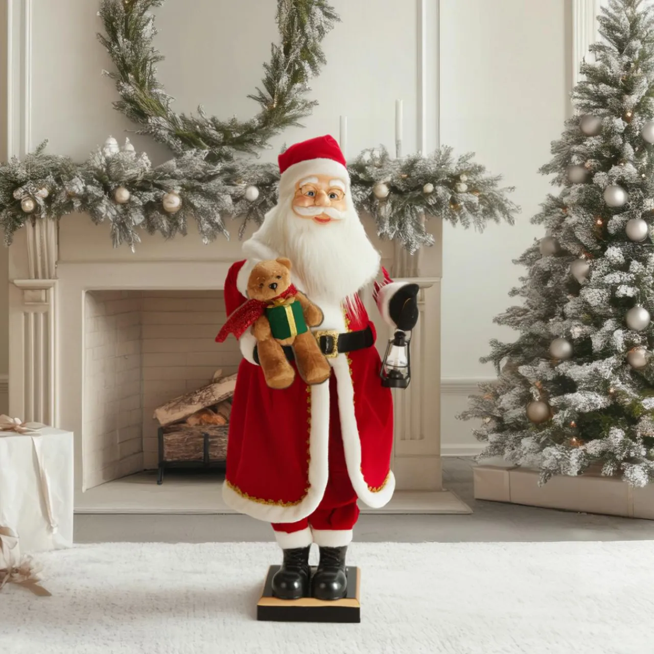 Personnage, Objet Grand Format|Père Noël, Animaux Et Personnage|KOOPMAN Automate musical et lumineux (H110 cm) Papa Noël et ourson Rouge