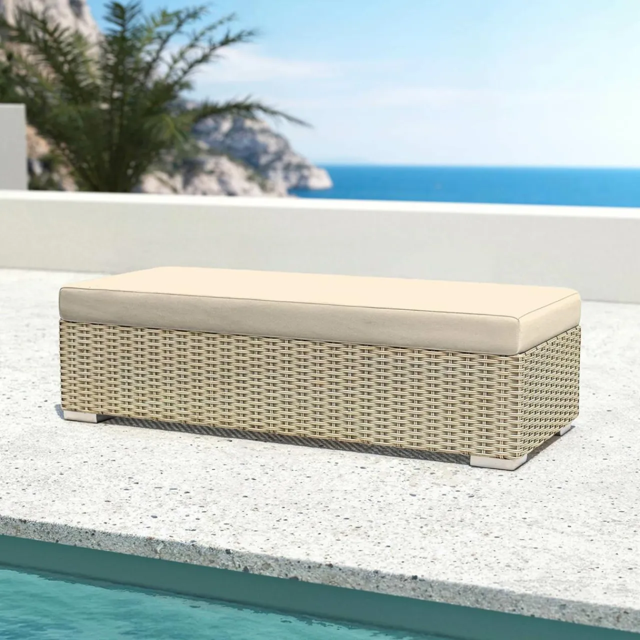 Canapé, Fauteuil Et Table Basse|MOBELLIA Banquette en résine tressée 2 places Palma Gris et beige Tresse Gris - Beige