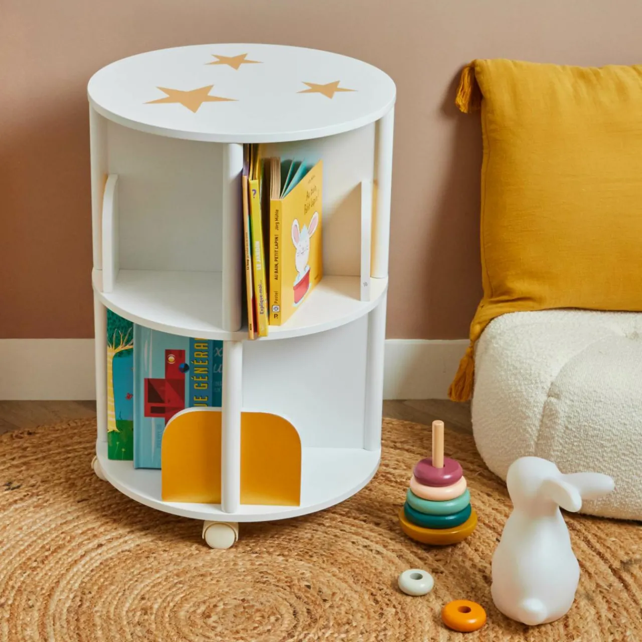 Petit Meuble Enfant|EMINZA Bibliothèque à roulettes enfant bois (H59 cm) Stars he Blanc