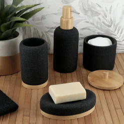 Accessoire Salle De Bain|TENDANCE Boite à coton avec couvercle (D10 cm) effet Maille Noir