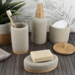 Accessoire Salle De Bain|TENDANCE Boite à coton avec couvercle (D10 cm) effet Maille Beige