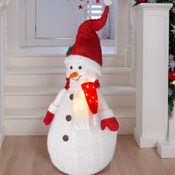 Personnage, Objet Grand Format|Père Noël, Animaux Et Personnage|KOOPMAN Bonhomme de neige lumineux à piles (H120 cm) Pliable pailleté Rouge