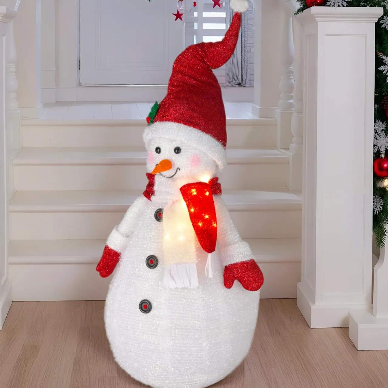 Personnage, Objet Grand Format|Père Noël, Animaux Et Personnage|KOOPMAN Bonhomme de neige lumineux à piles (H120 cm) Pliable pailleté Rouge
