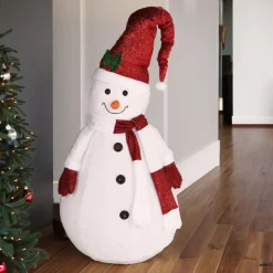Personnage, Objet Grand Format|Père Noël, Animaux Et Personnage|KOOPMAN Bonhomme de neige lumineux à piles (H140 cm) Pliable pailleté Rouge
