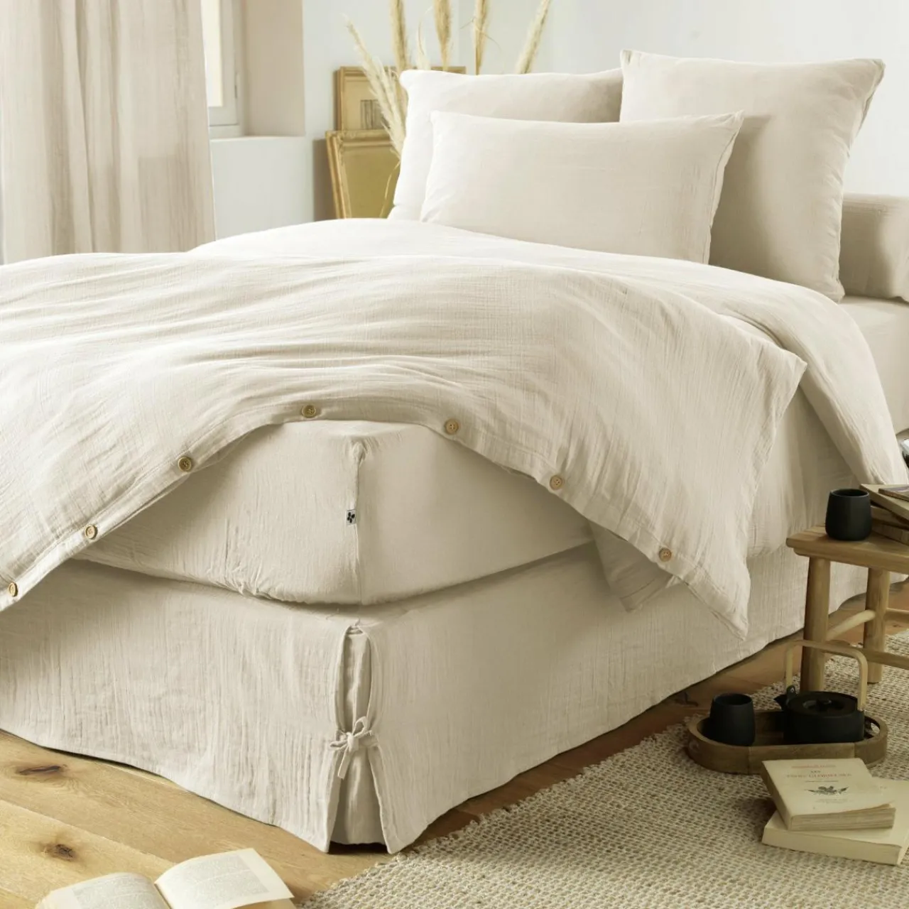 Protection De Literie|EMINZA Cache-sommier Gaze de coton (140 x 190 cm) Gaïa pampa Beige