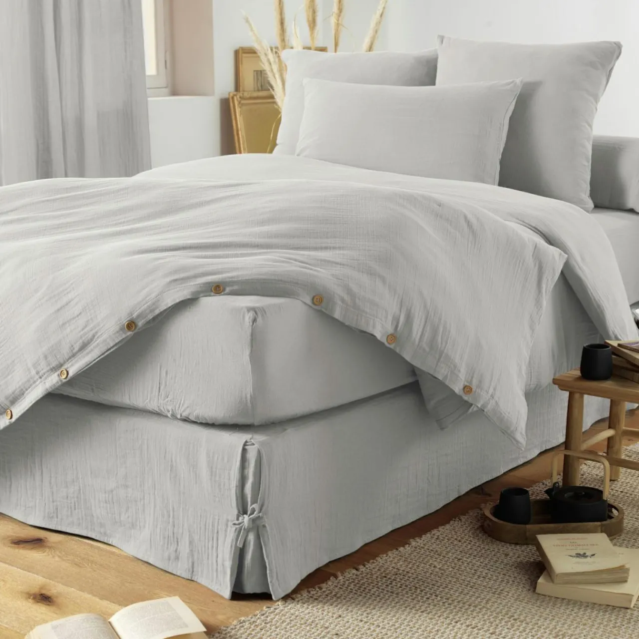 Protection De Literie|EMINZA Cache-sommier Gaze de coton (140 x 190 cm) Gaïa Gris nuage Gris clair