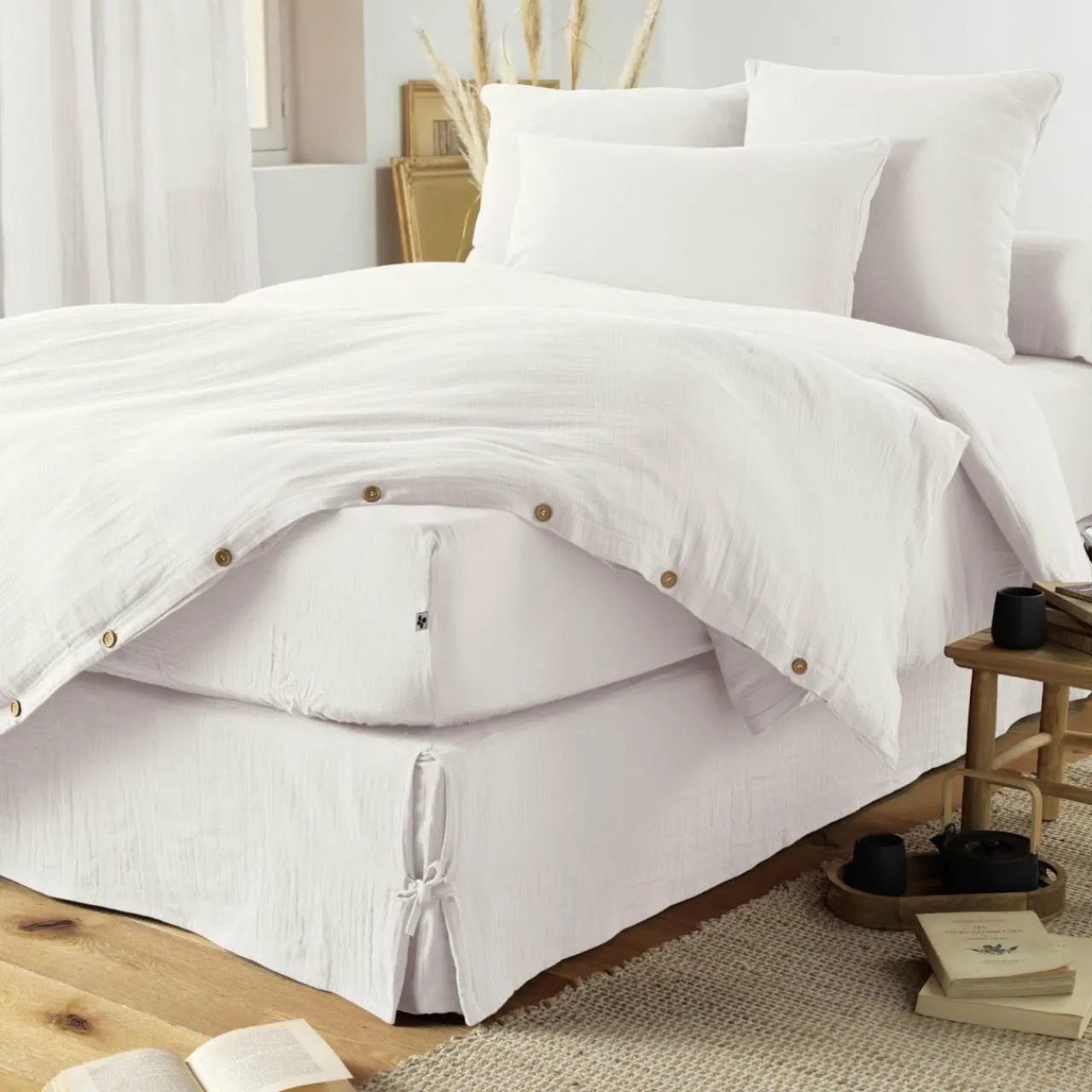 Protection De Literie|EMINZA Cache-sommier Gaze de coton (140 x 190 cm) Gaïa chantilly Blanc