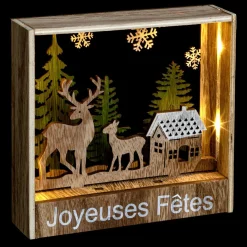 Déco Et Objet De Noël|Déco Et Objet Lumineux|Feeric Lights & Christmas Cadre en bois lumineux à piles (H16 cm) Rennes Blanc chaud