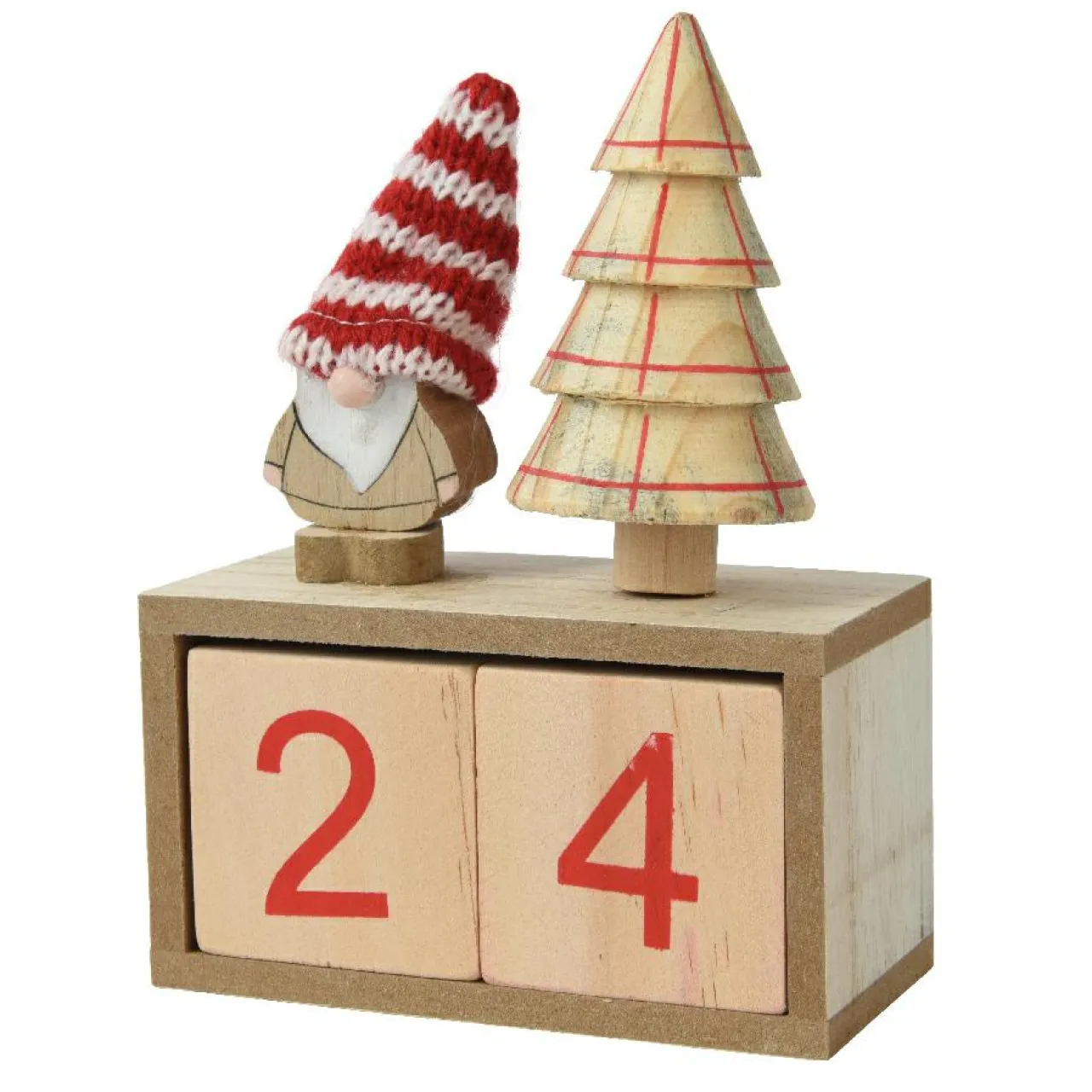 Déco Et Objet De Noël|KAEMINGK Calendrier de Noël cubes en bois (H18 cm) Père Noël bonnet Rouge Naturel