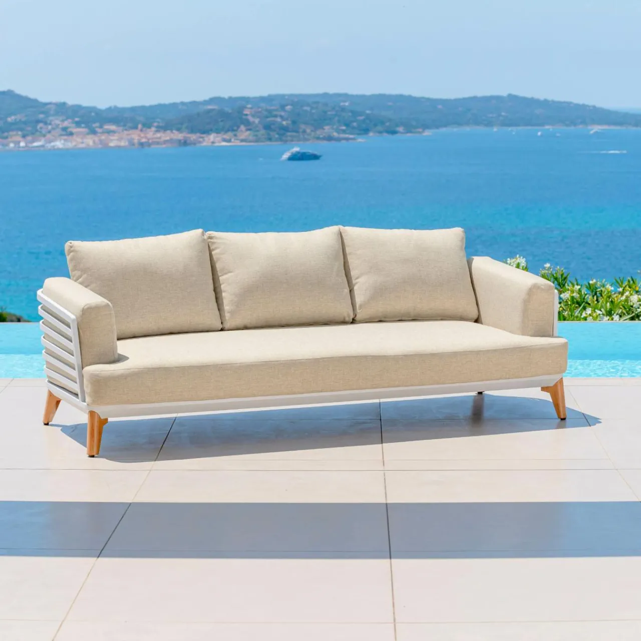 Canapé, Fauteuil Et Table Basse|MOBELLIA Canapé de jardin en aluminium 3 places Monte Carlo Blanc et beige Blanc - Beige