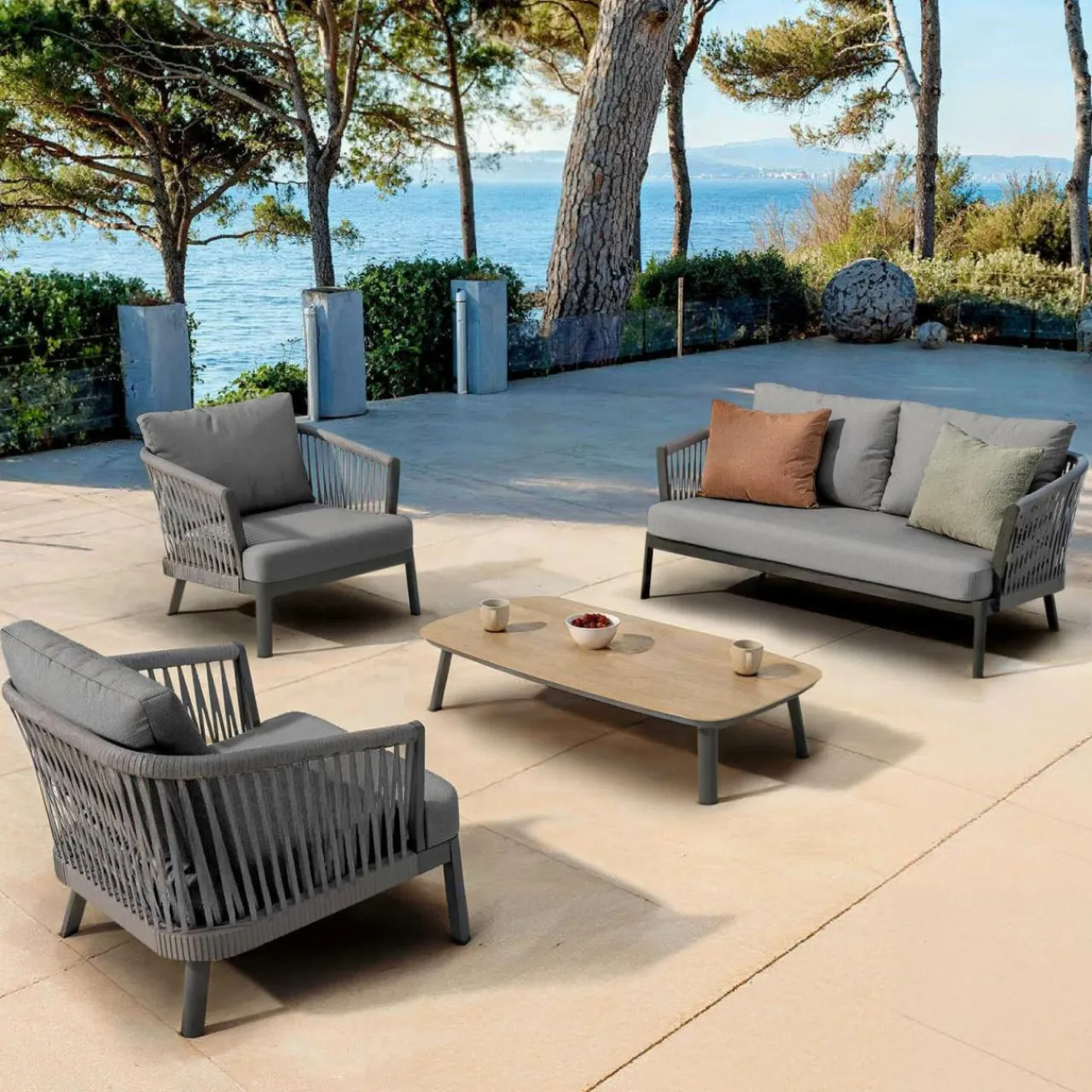 Canapé, Fauteuil Et Table Basse|MOBELLIA Canapé de jardin en aluminium 2 places Amalfi Gris Anthracite