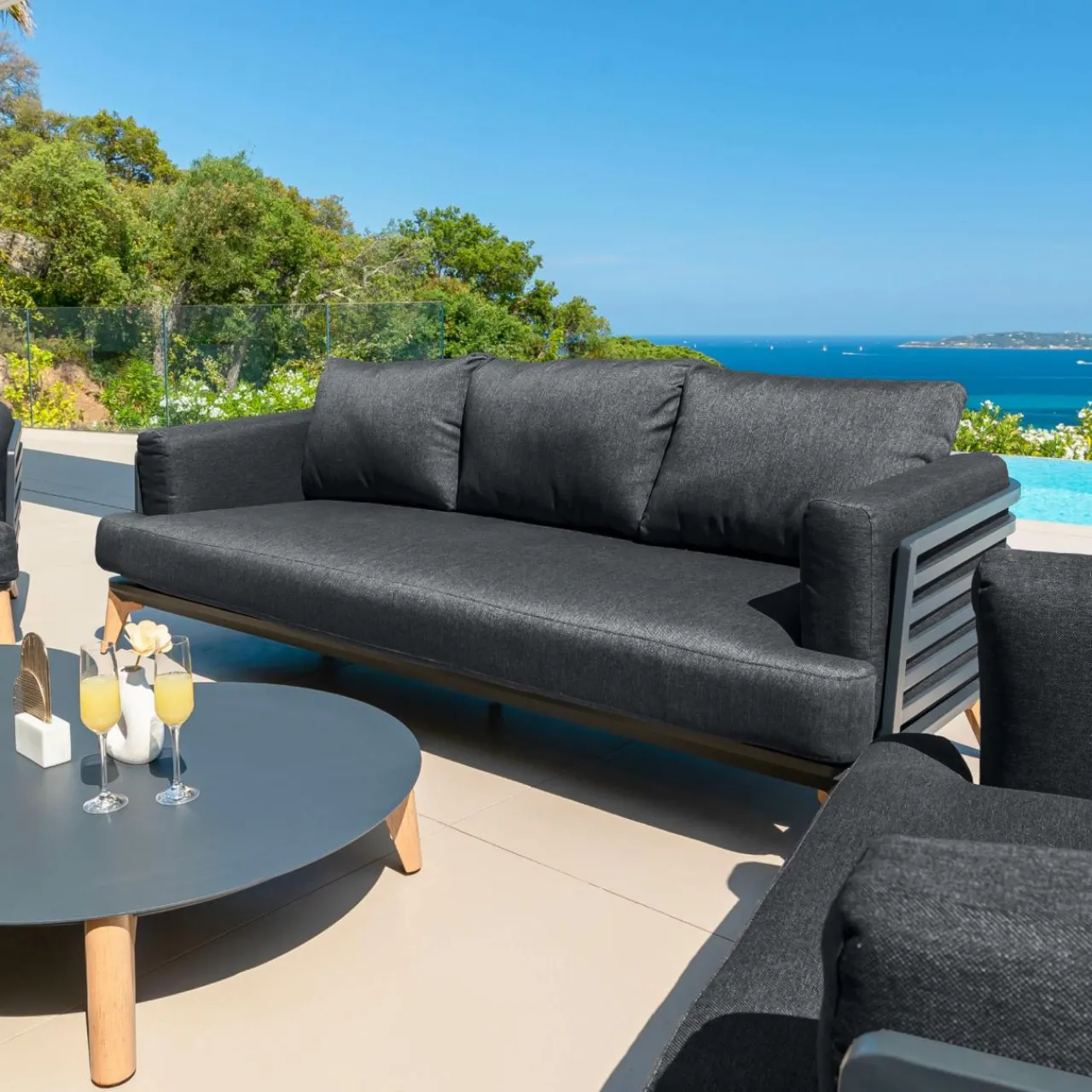 Canapé, Fauteuil Et Table Basse|MOBELLIA Canapé de jardin en aluminium 3 places Monte Carlo Gris Anthracite