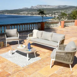 Canapé, Fauteuil Et Table Basse|MOBELLIA Canapé de jardin en aluminium 3 places Amalfi Blanc et taupe Blanc - Taupe