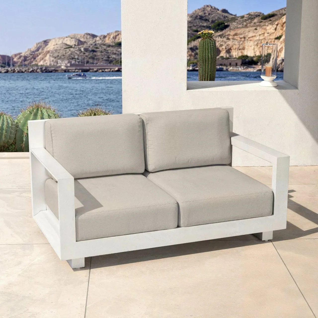 Canapé, Fauteuil Et Table Basse|MOBELLIA Canapé de jardin en aluminium 2 places Elba Blanc et taupe Blanc - Taupe