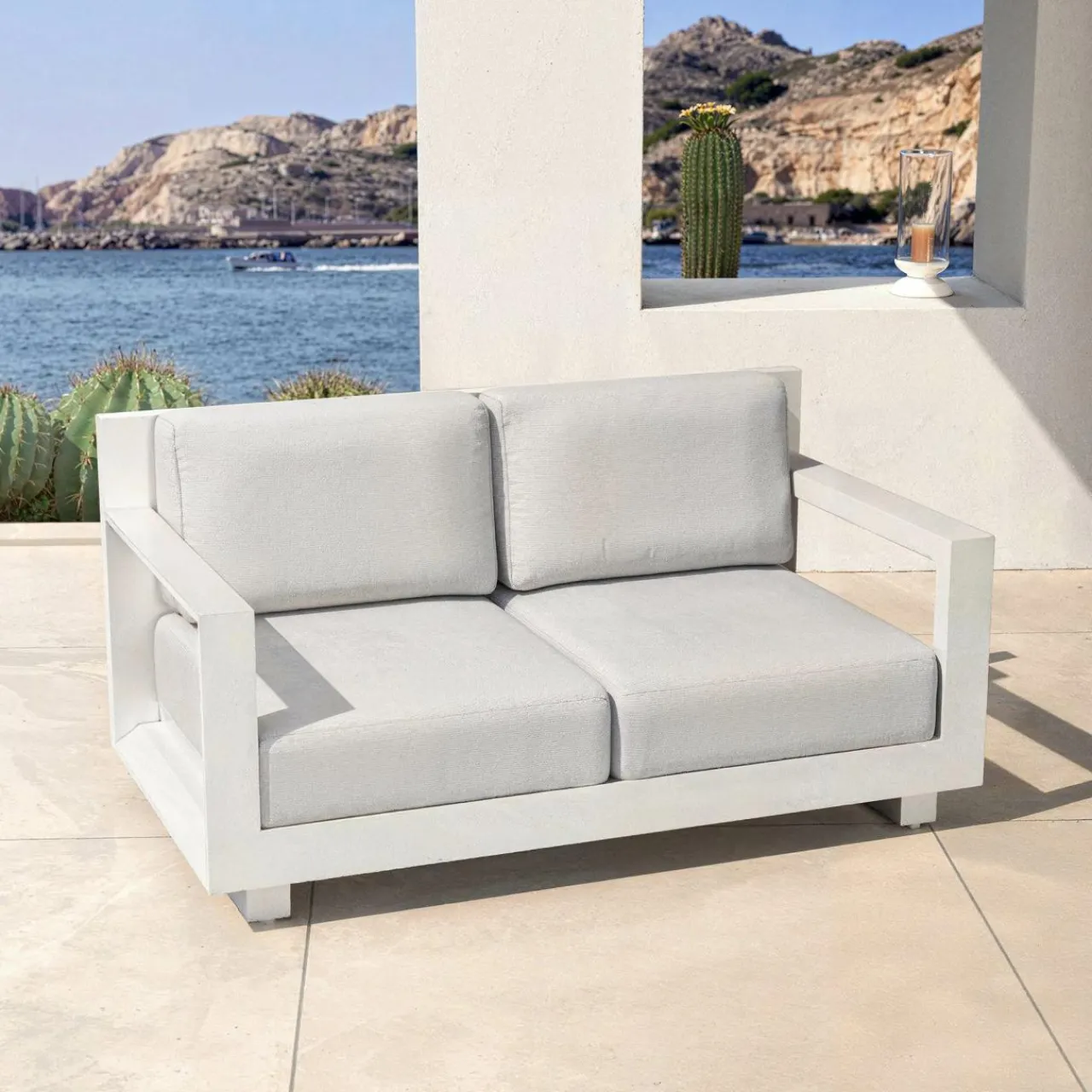 Canapé, Fauteuil Et Table Basse|MOBELLIA Canapé de jardin en aluminium 2 places Elba Blanc et gris clair Blanc - Gris Clair