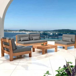 Canapé, Fauteuil Et Table Basse|MOBELLIA Canapé de jardin en bois d'acacia 3 places Bornéo Gris Anthracite