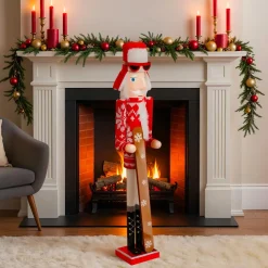 Personnage, Objet Grand Format|Père Noël, Animaux Et Personnage|JJA Casse-noisette en bois (H106 cm) Tomi en ski et blanc Rouge