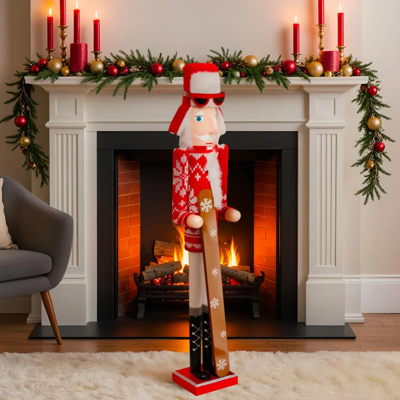 Personnage, Objet Grand Format|Père Noël, Animaux Et Personnage|JJA Casse-noisette en bois (H106 cm) Tomi en ski et blanc Rouge