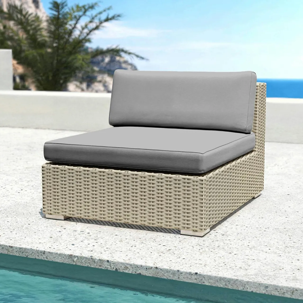Canapé, Fauteuil Et Table Basse|MOBELLIA Chauffeuse de jardin en résine tressée Palma Gris et anthracite Tressé Gris - Anthracite