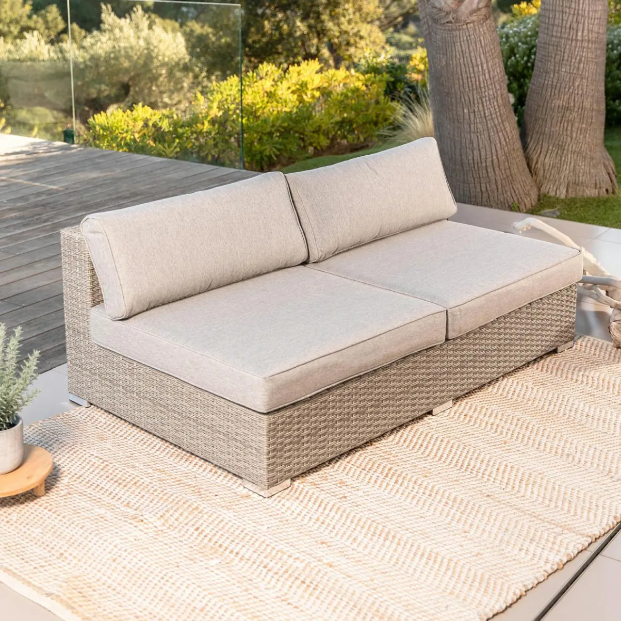 Canapé, Fauteuil Et Table Basse|MOBELLIA Chauffeuse de jardin en résine tressée 2 places Palma Gris et taupe Tressé Blanc - Taupe