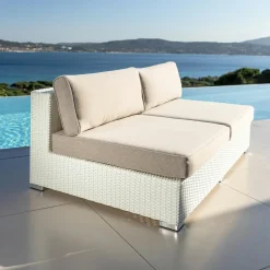 Canapé, Fauteuil Et Table Basse|MOBELLIA Chauffeuse de jardin en résine tressée 2 places Palma Blanc et taupe Tressé Blanc - Taupe