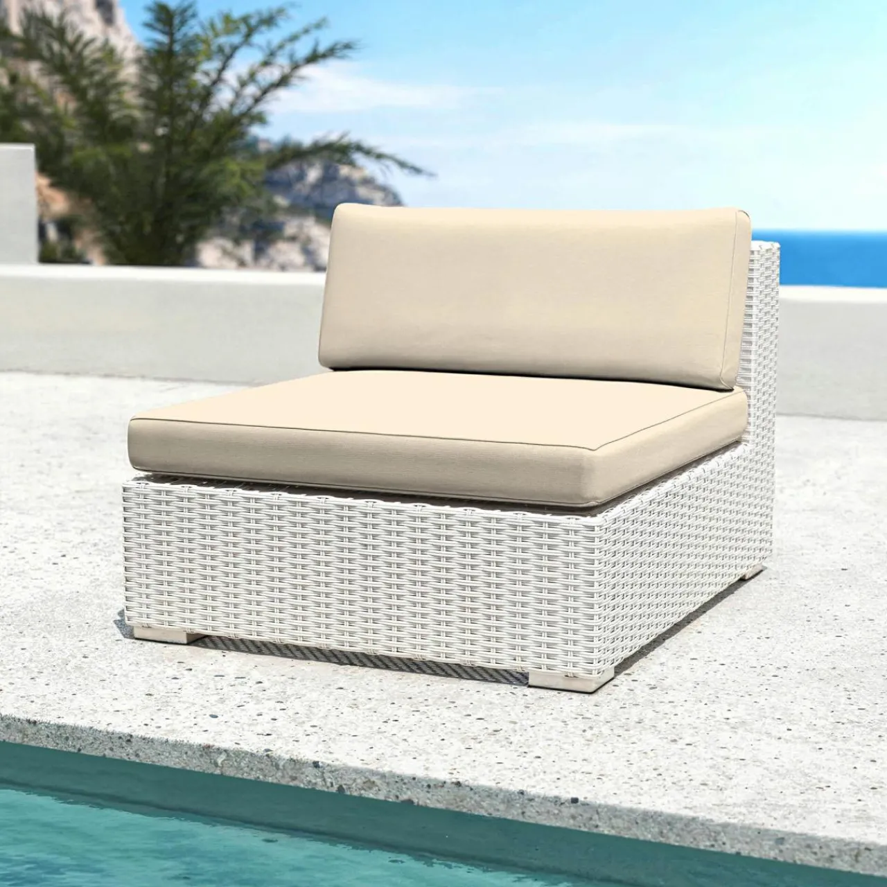 Canapé, Fauteuil Et Table Basse|MOBELLIA Chauffeuse de jardin en résine tressée Palma Blanc et beige Tresse Blanc - Beige