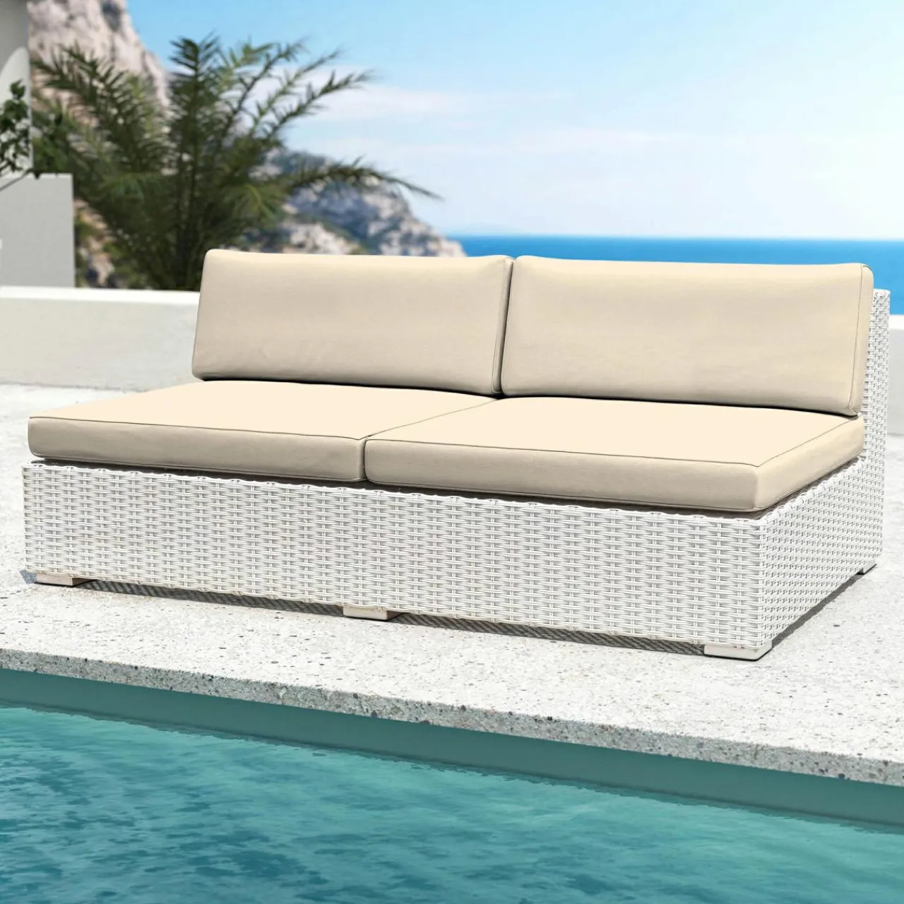 Canapé, Fauteuil Et Table Basse|MOBELLIA Chauffeuse de jardin en résine tressée 2 places Palma Blanc et beige Tresse Blanc - Beige