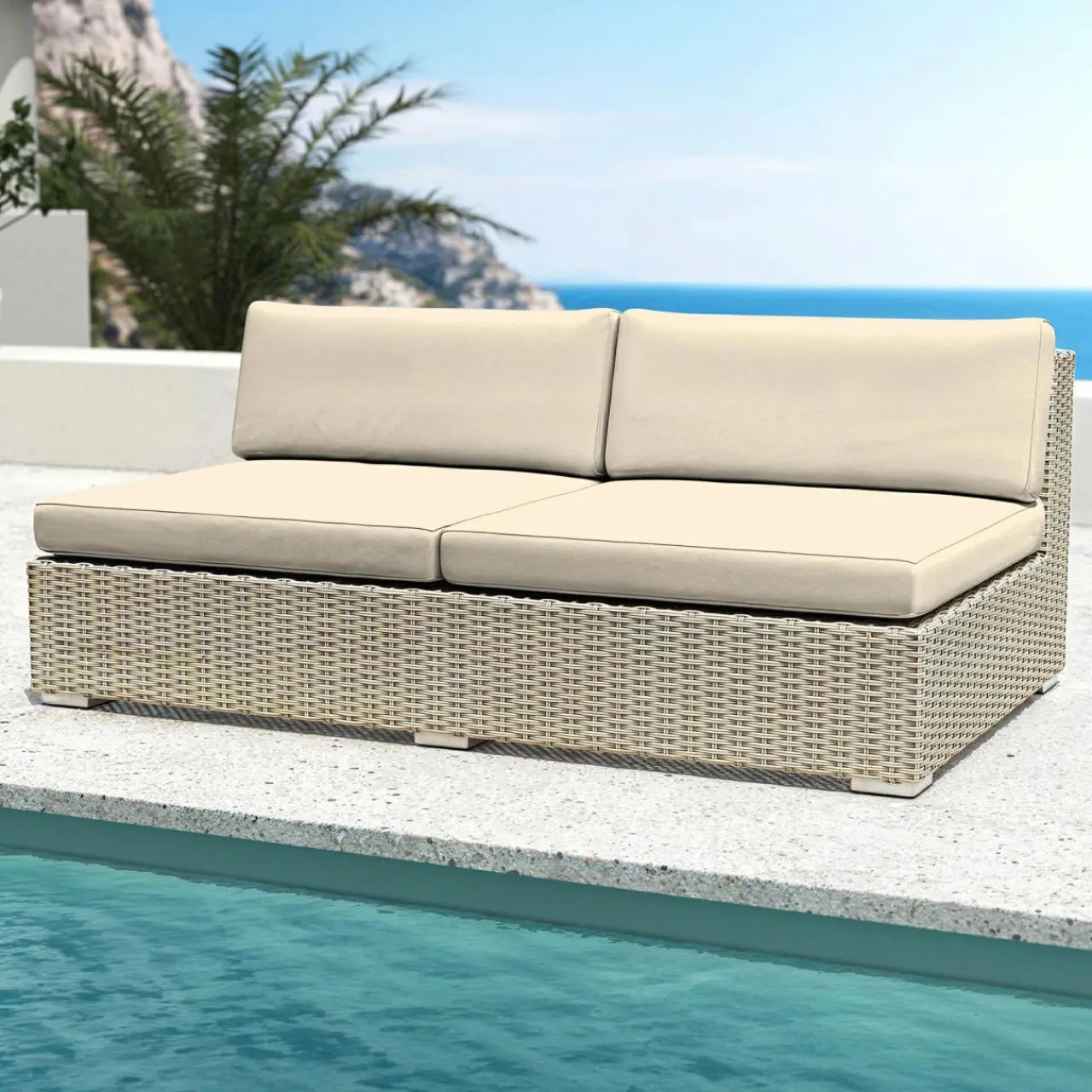 Canapé, Fauteuil Et Table Basse|MOBELLIA Chauffeuse de jardin en résine tressée 2 places Palma Gris et beige Tresse Gris - Beige