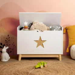 Petit Meuble Enfant|EMINZA Coffre à jouet avec couvercle enfant bois (H51 cm) Stars Blanc