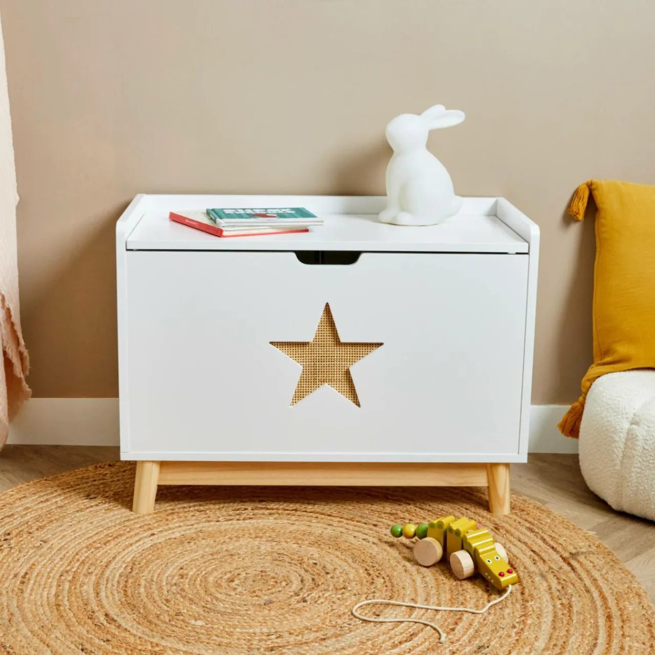 Petit Meuble Enfant|EMINZA Coffre à jouet avec couvercle enfant bois (H51 cm) Stars Blanc