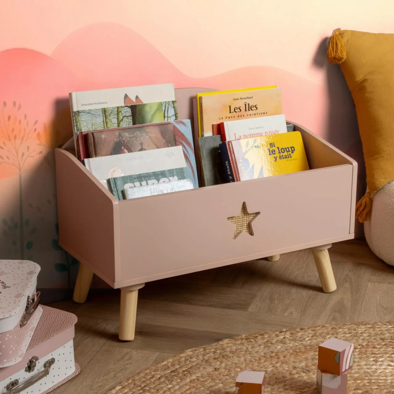 Petit Meuble Enfant|EMINZA Coffre à jouet ouvert enfant bois (H44 cm) Stars Rose