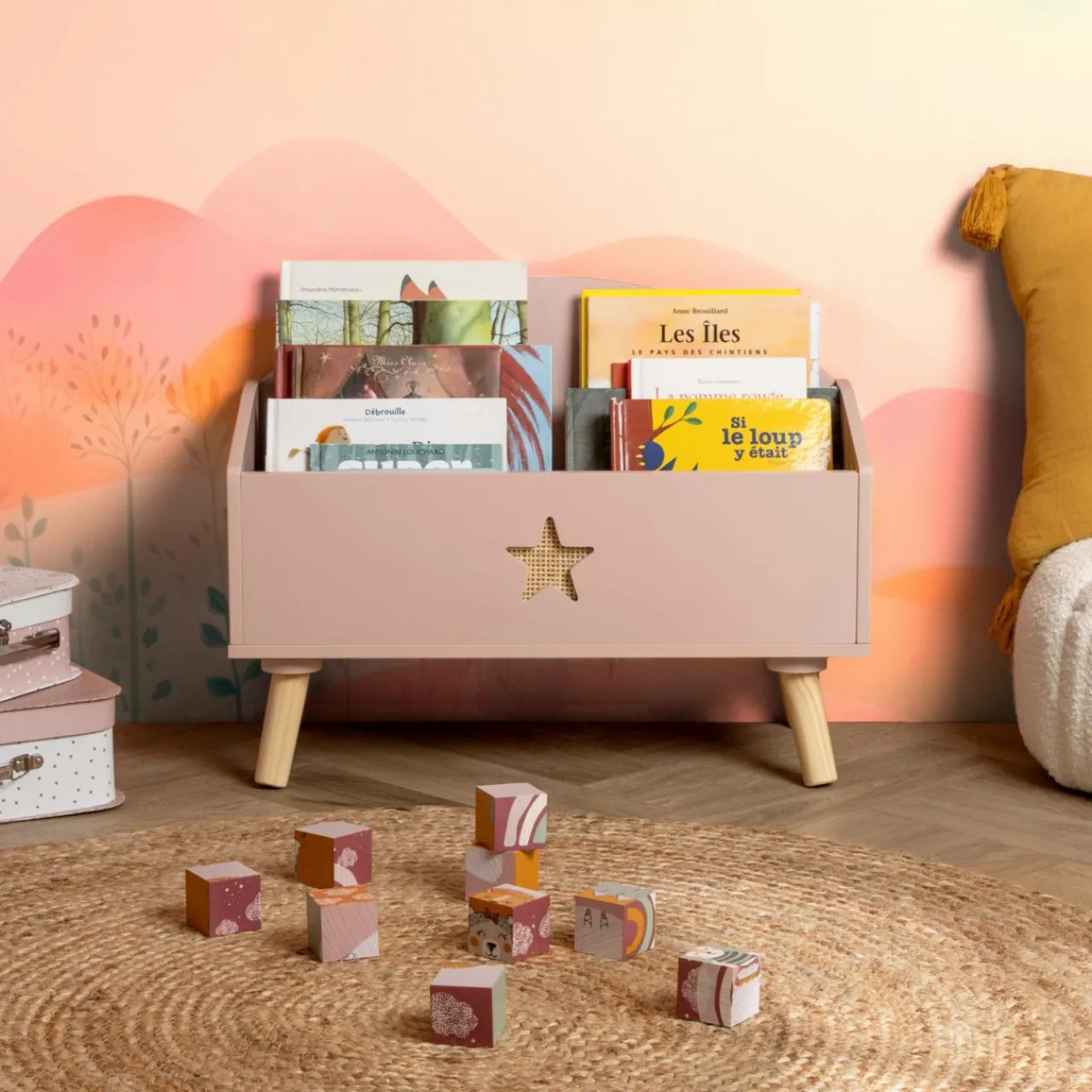 Petit Meuble Enfant|EMINZA Coffre à jouet ouvert enfant bois (H44 cm) Stars Rose