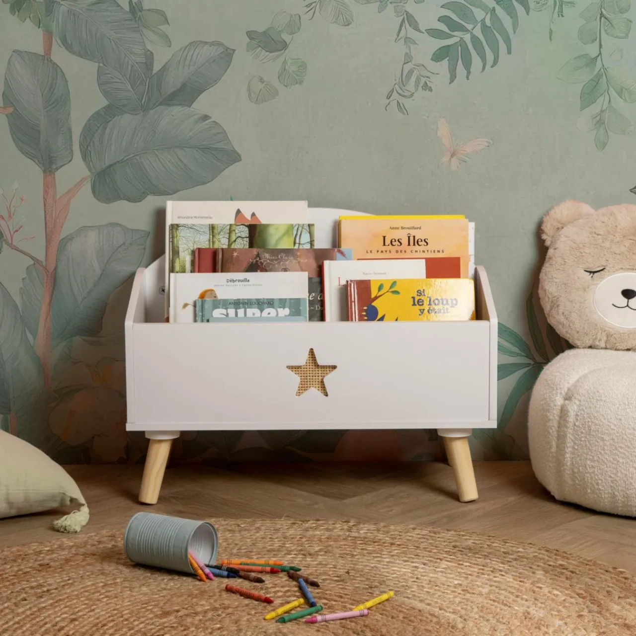 Petit Meuble Enfant|EMINZA Coffre à jouet ouvert enfant bois (H44 cm) Stars Blanc