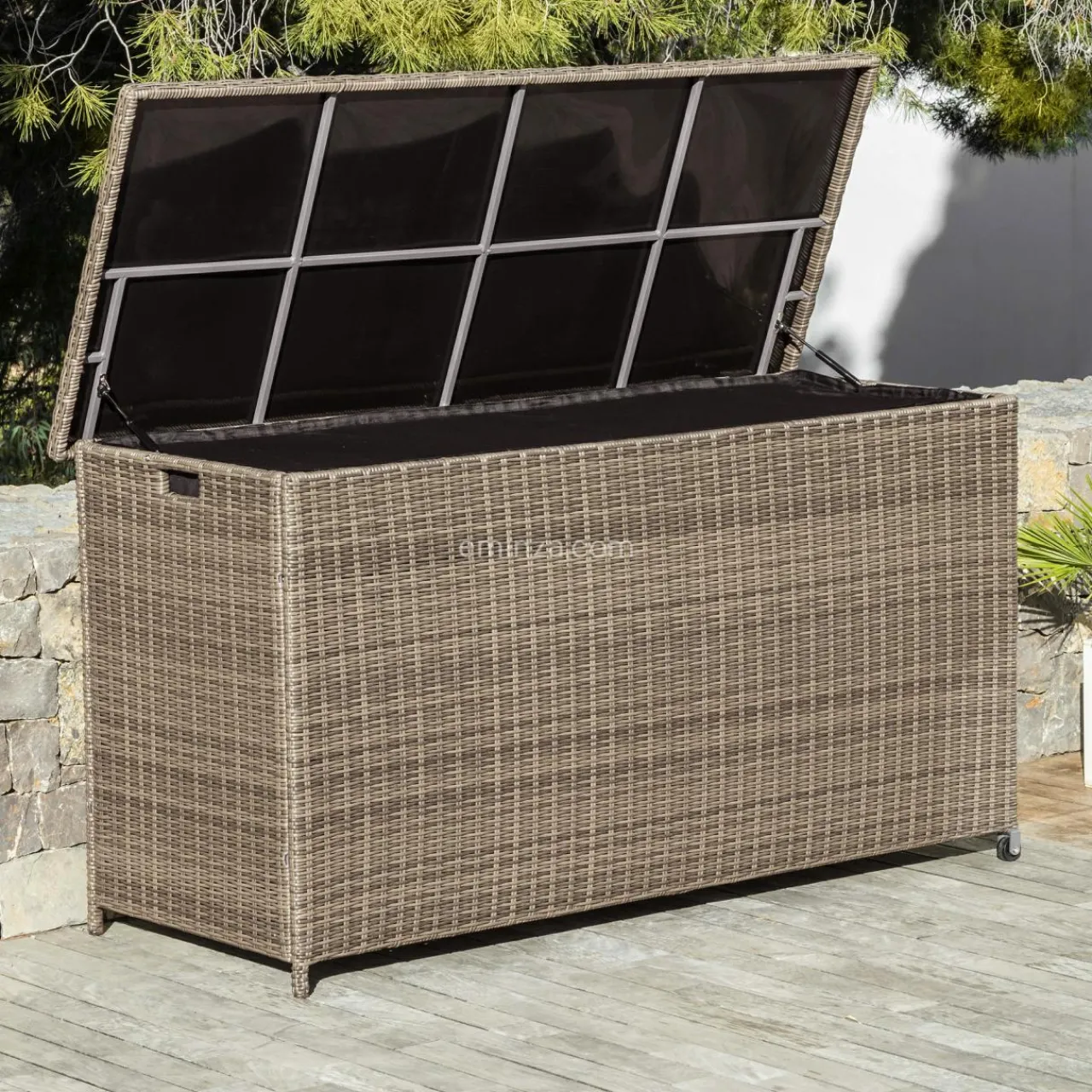 Coffre De Rangement|MOBELLIA Coffre de rangement extérieur en résine tressée Calvi Sepia Sépia