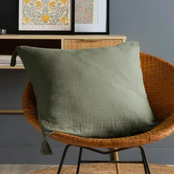Coussin Et Housse|EMINZA Coussin carré gaze de coton (60 x 60 cm) Gaïa Vert romarin