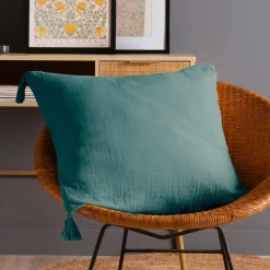 Coussin Et Housse|EMINZA Coussin carré gaze de coton (60 x 60 cm) Gaïa Bleu canard