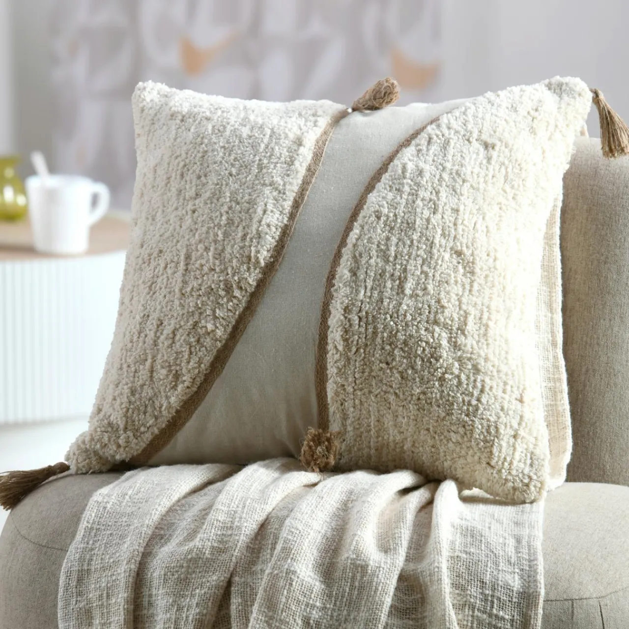 Coussin Et Housse|STOF Coussin carré tufté (45 x 45 cm) Blokken Ecru