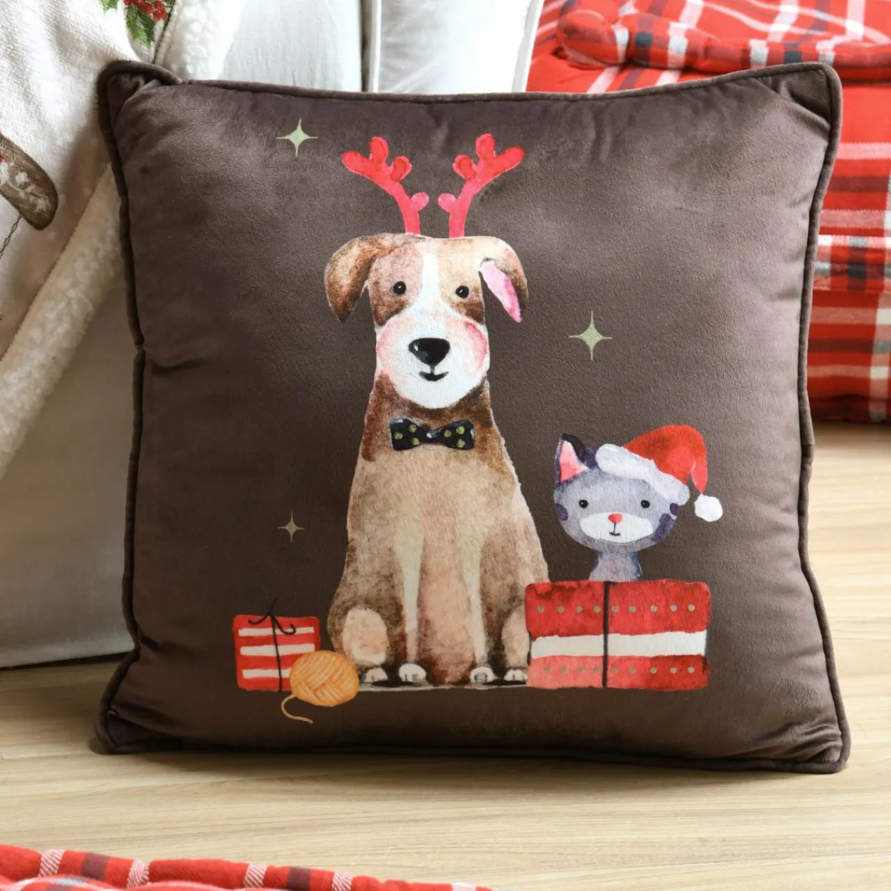 Plaid, Coussin Et Tapis De Noël|LOVELY CASA Coussin Noël carré (40 cm) Joyeux Marron Chocolat