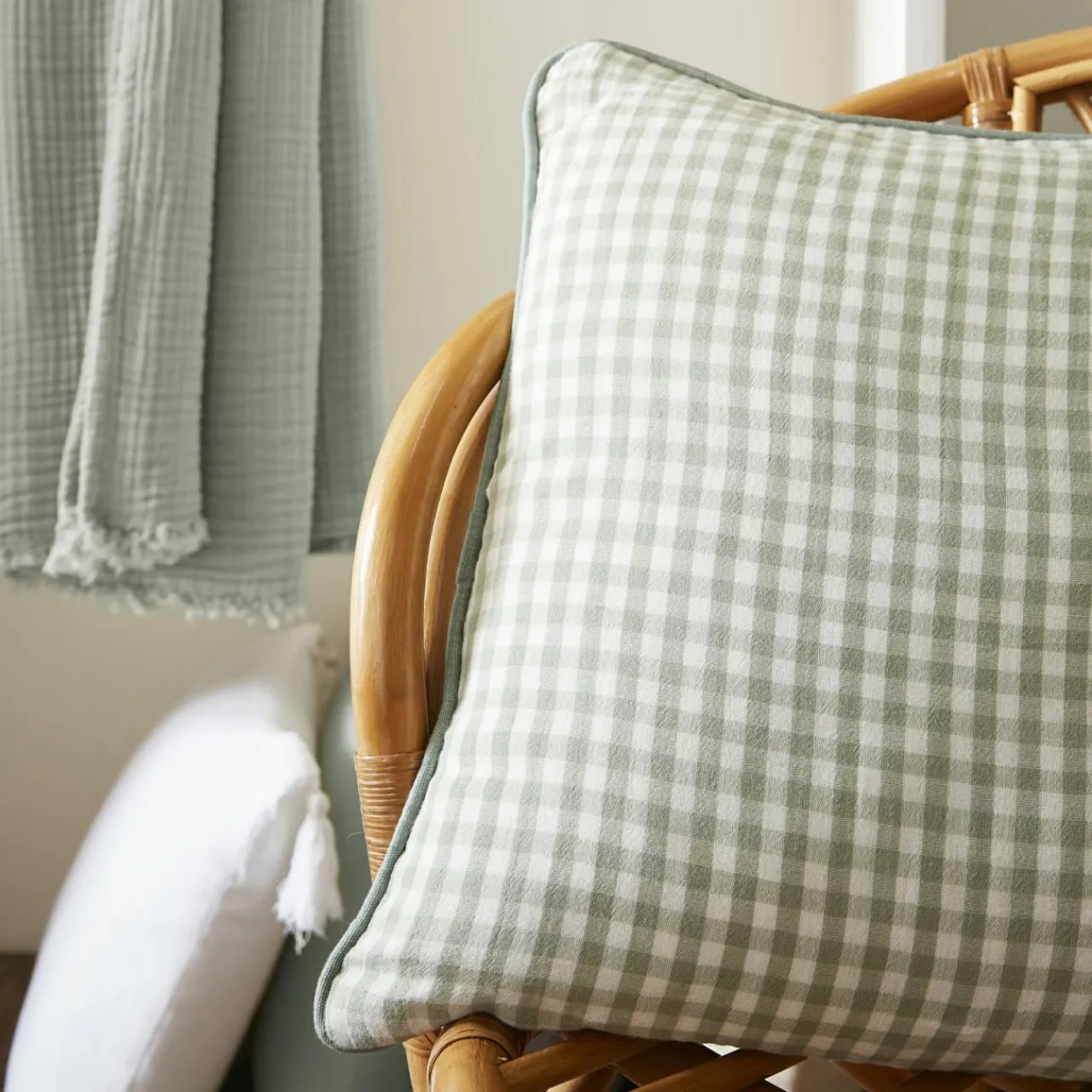 Coussin Et Housse|EMINZA Coussin rectangulaire gaze de coton (40 x 60 cm) Gaïa vichy Vert Eucalyptus