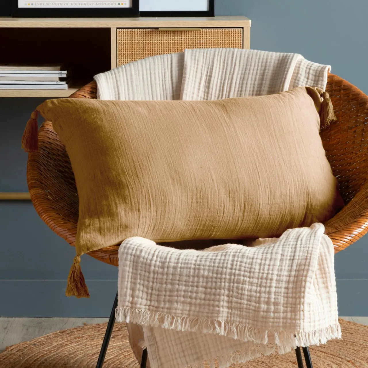 Coussin Et Housse|EMINZA Coussin rectangulaire gaze de coton (40 x 60 cm) Gaïa Camel