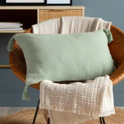 Coussin Et Housse|EMINZA Coussin rectangulaire gaze de coton (40 x 60 cm) Gaïa Vert Eucalyptus