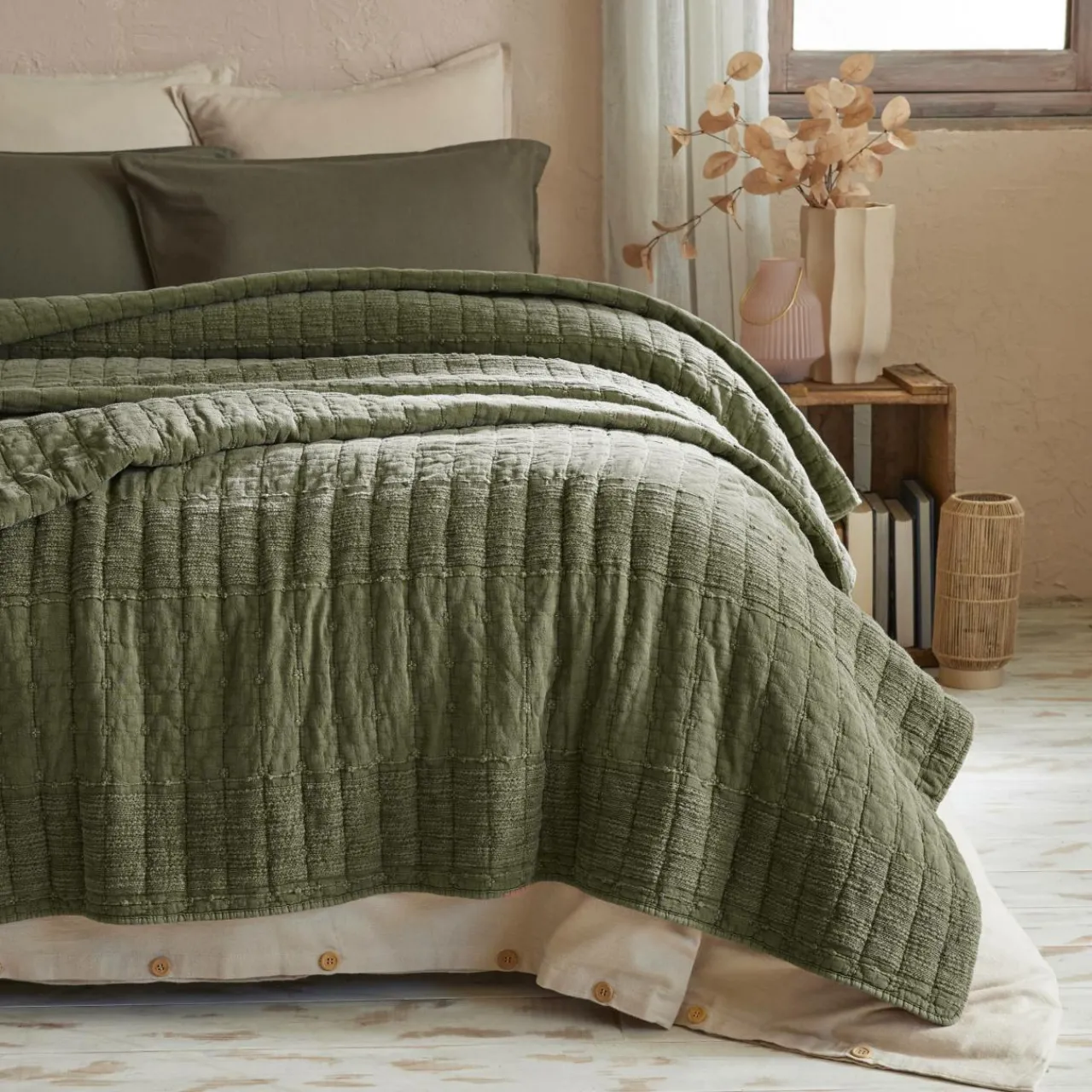 Couvre-Lit Et Édredon|EMINZA Couvre-lit coton matelassé (240 x 260 cm) Lena Vert romarin