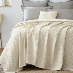 Plaid Et Jeté|Couvre-Lit Et Édredon|EMINZA Couvre-lit coton nid d'abeille (220 x 250 cm) Maya pampa Beige