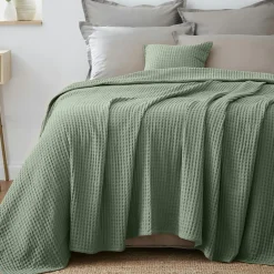 Plaid Et Jeté|Couvre-Lit Et Édredon|EMINZA Couvre-lit coton nid d'abeille (220 x 250 cm) Maya Vert romarin
