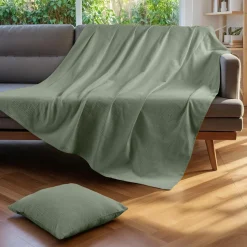 Plaid Et Jeté|Couvre-Lit Et Édredon|EMINZA Couvre-lit coton tissé (180 x 220 cm) Léa Vert romarin