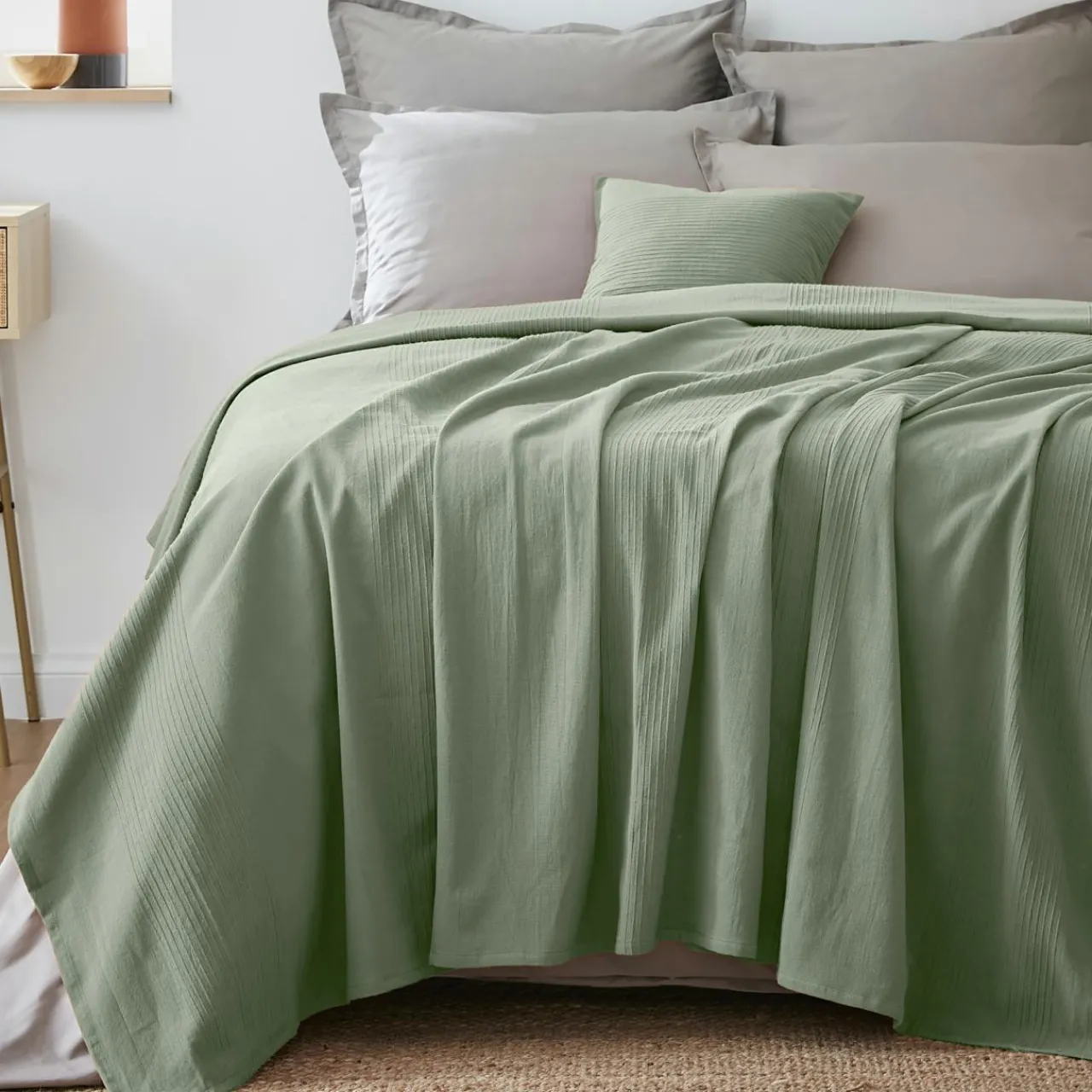 Plaid Et Jeté|Couvre-Lit Et Édredon|EMINZA Couvre-lit coton tissé (220 x 250 cm) Léa Vert romarin