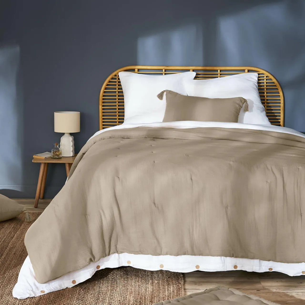 Couvre-Lit Et Édredon|EMINZA Couvre-lit matelassé gaze de coton (260 x 240 cm) Gaïa Ficelle