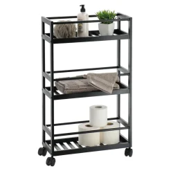 Rangement Salle De Bain|Desserte, Meuble|TENDANCE Desserte à roulettes 3 niveaux (H75 cm) Japandi Noir