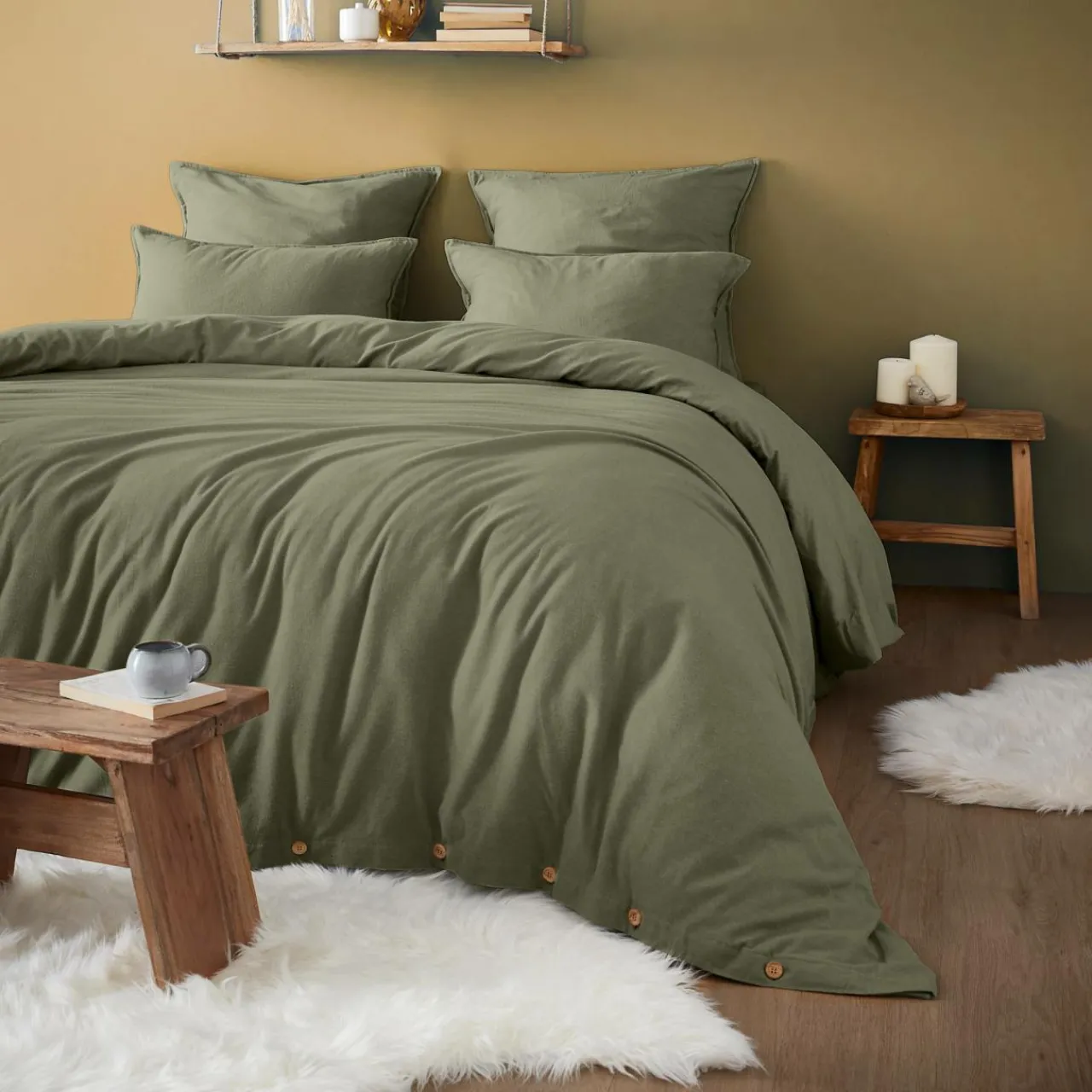 Drap Housse|EMINZA Drap housse flanelle de coton (140 x 190 cm) Nina Vert romarin