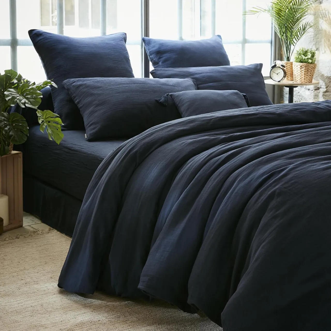 Drap Housse|EMINZA Drap housse gaze de coton (200 x 200 cm) Gaïa Bleu nuit